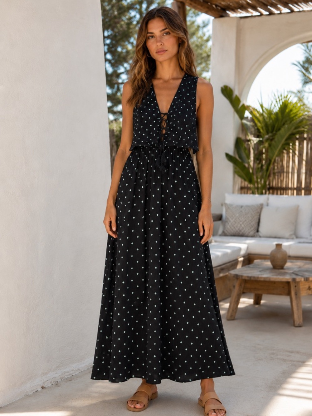NWT Lulus Black Printed Lace-Up Open Back Maxi Dress Size S
